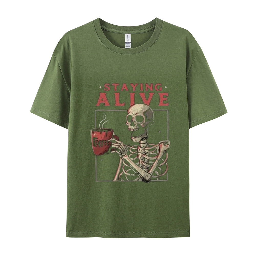 Mens Staying Alive Skull with Coffee Graphic Tee