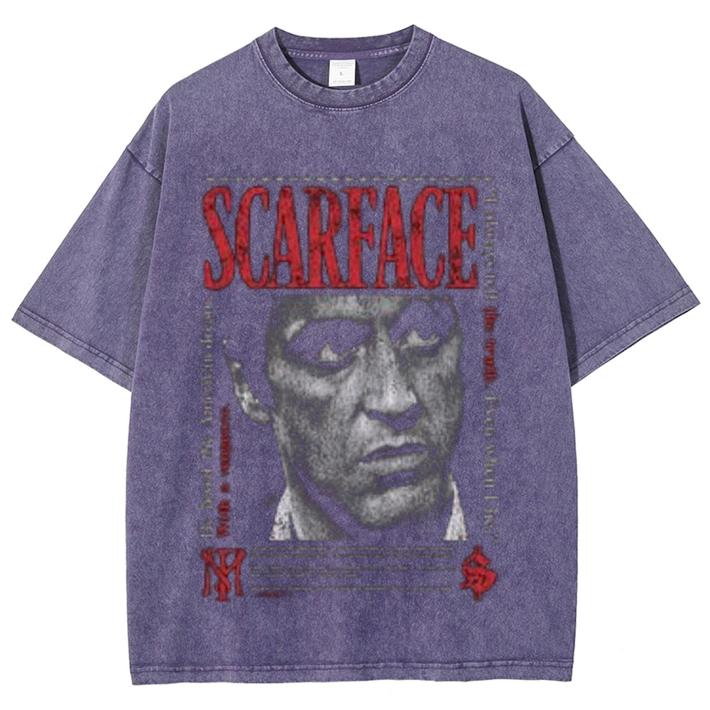 Unisex Vintage Scarface Horror Graphic Short Sleeve Washed T-shirt