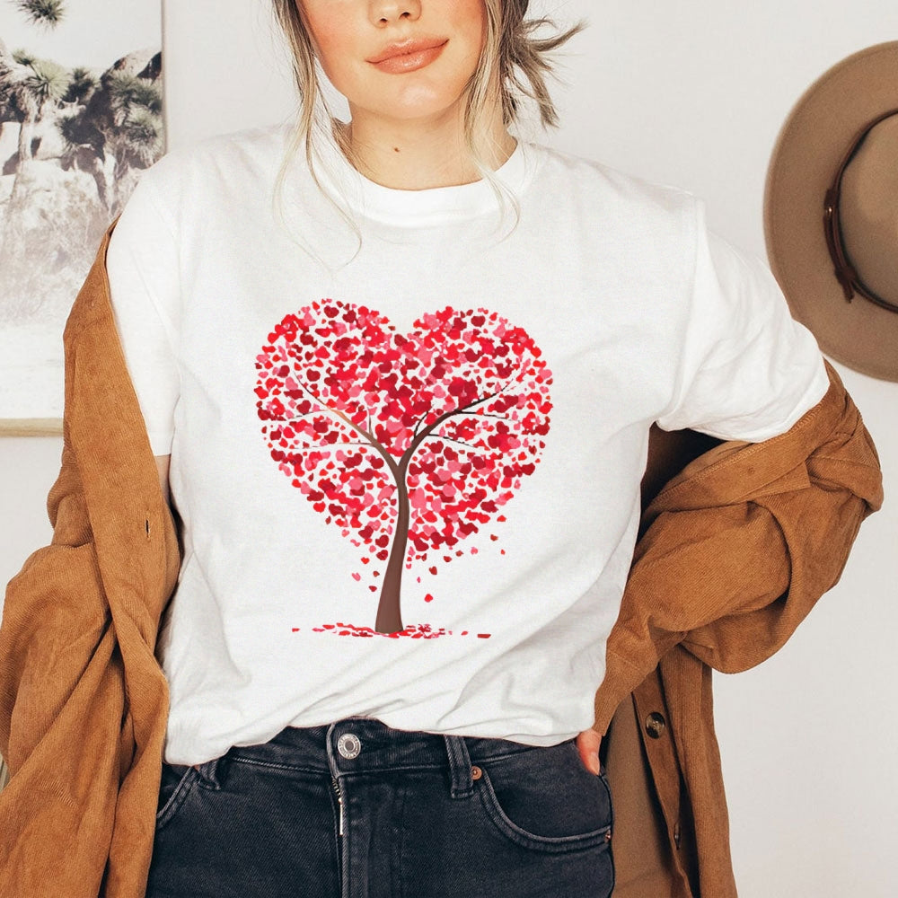 Women Valentine's Day Love Heart Tree Print Graphic T-shirt