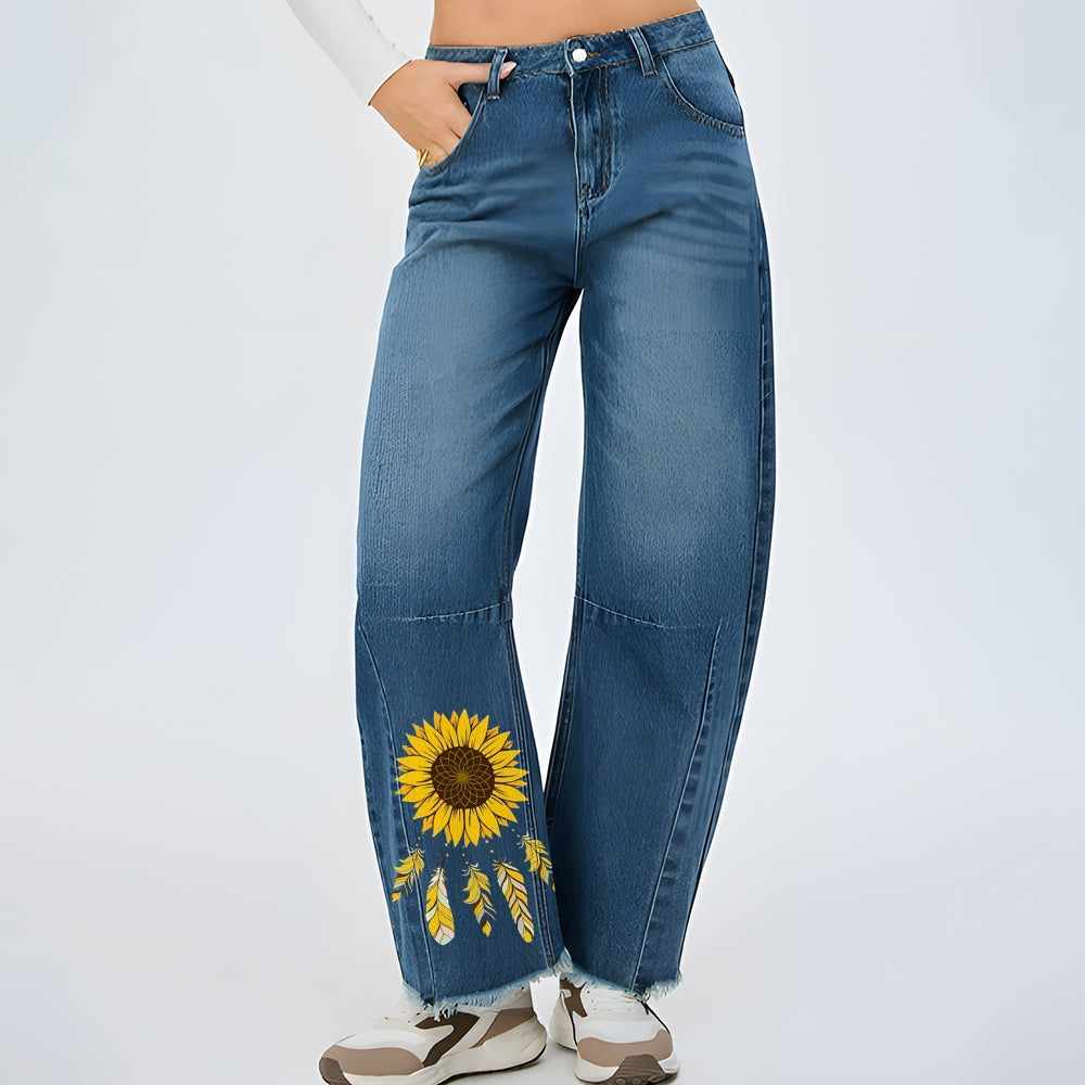 Women Dreamcatcher Sunflower Graphic Baggy Straight Leg Jean