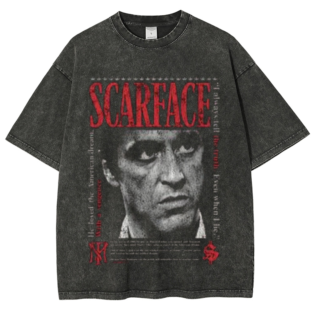 Unisex Vintage Scarface Horror Graphic Short Sleeve Washed T-shirt