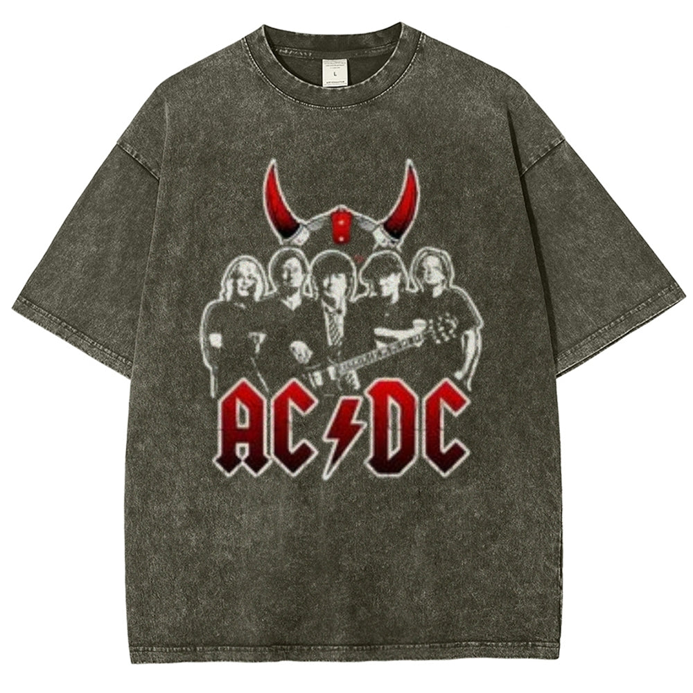 Unisex Vintage The Acdc Rock Band Print Short Sleeve Casual Graphic Washed T-shirt