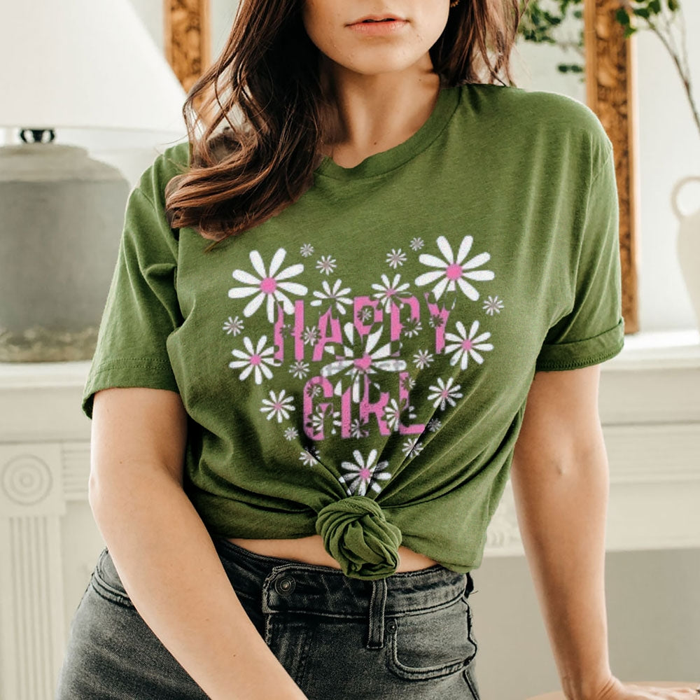 Women Happy Girl Flower Heart Graphic Print T-shirt