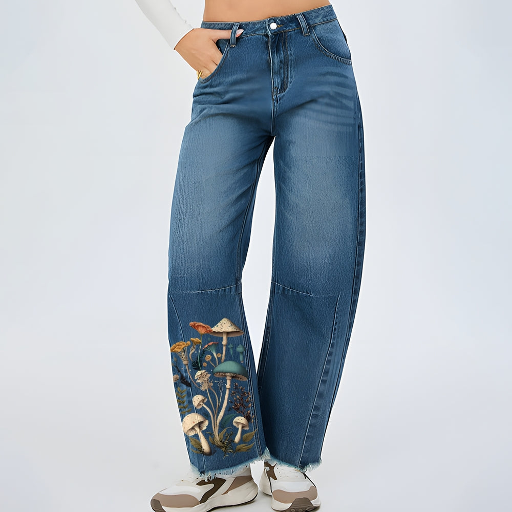 Women Floral Mushroom Graphic Baggy Straight Leg Jean