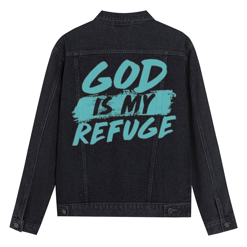 Mens Vintage GOD IS MY REFUGE Graphic Denim Jacket