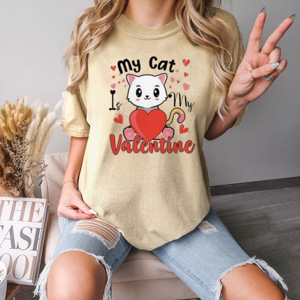 Women My Cat Is My Valentine's Day Print Graphic T-shirt