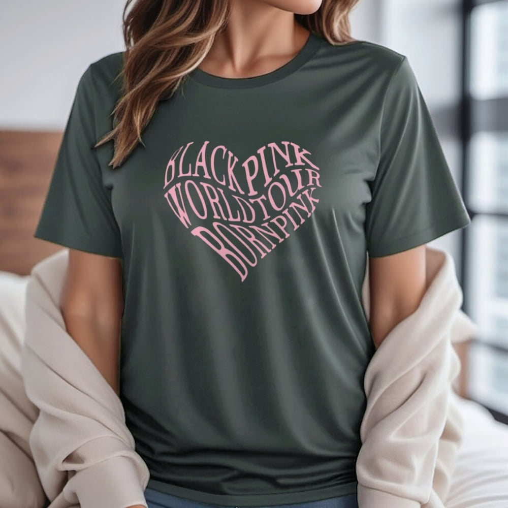 Women  Black Pink Heart Print Graphic T-shirt