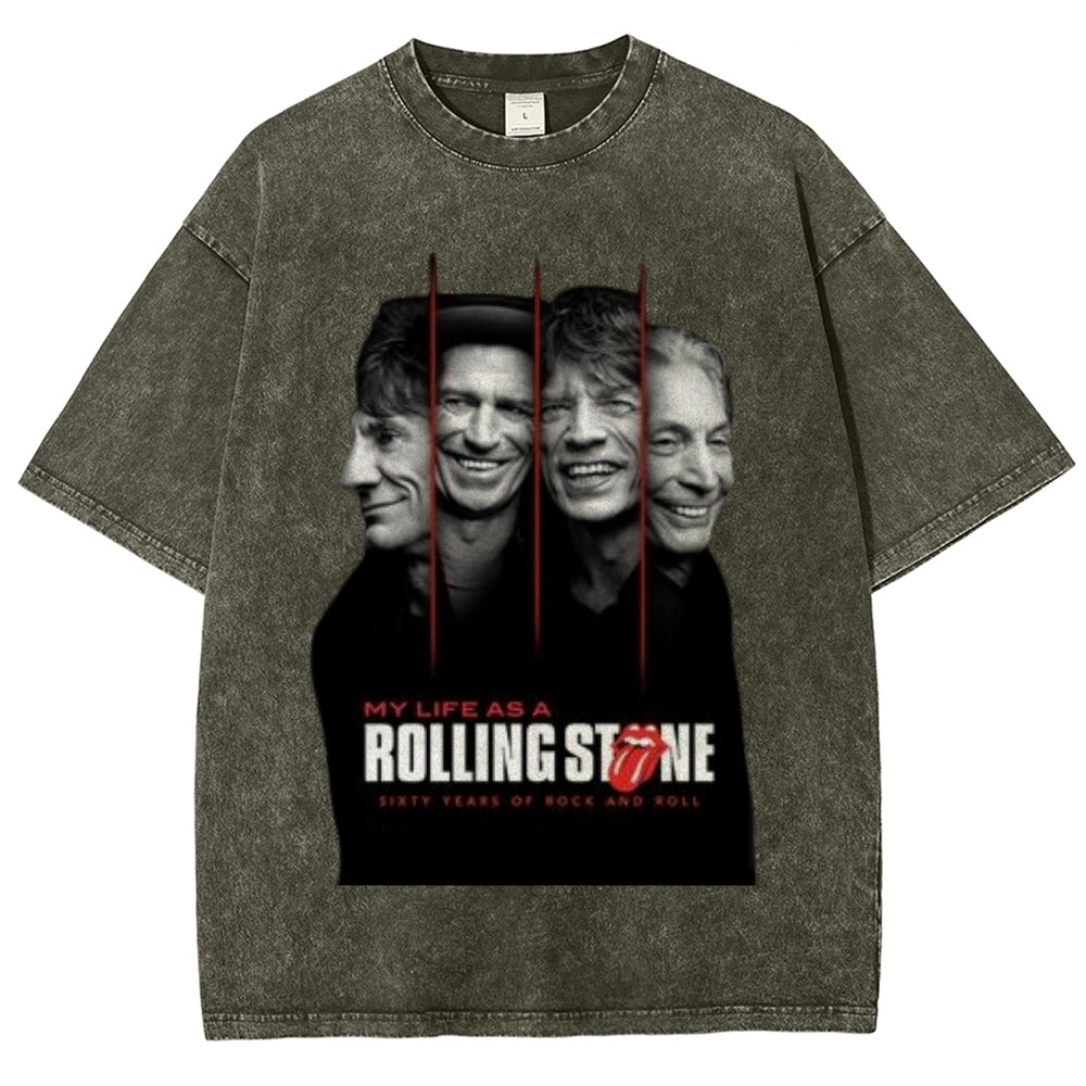 Unisex Vintage The Rolling Stone Rock Band Print Short Sleeve Casual Graphic Washed T-shirt