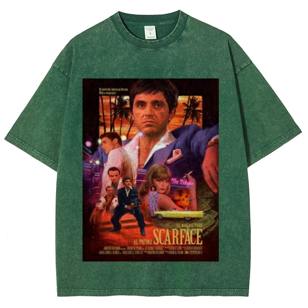 Unisex Vintage Scarface Horror Graphic Short Sleeve Washed T-shirt