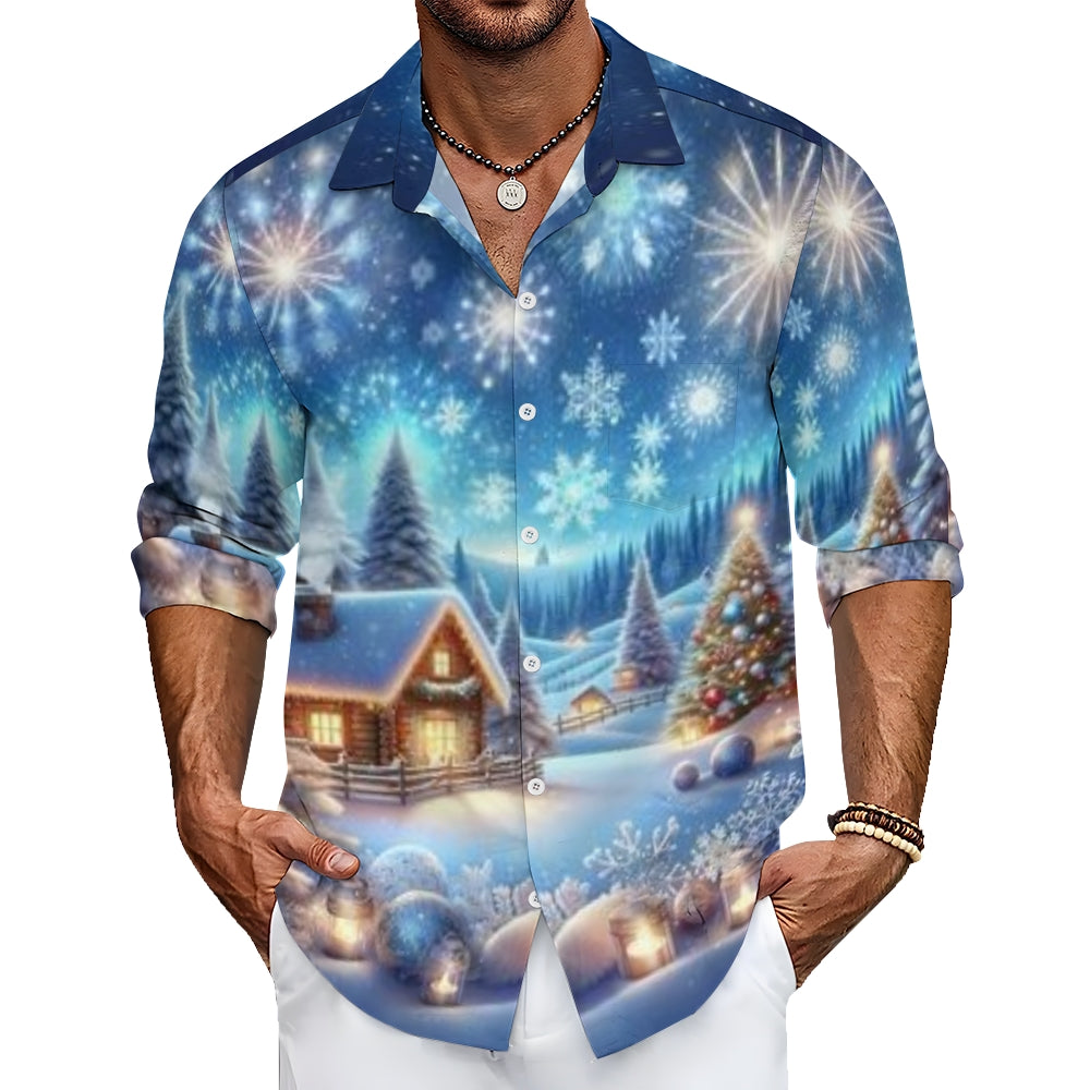 Mens Christmas Festival Winter Snow Print Long Sleeve Shirt