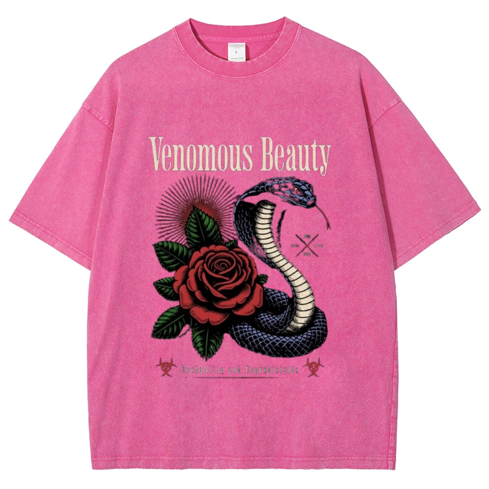 Women Washed Vintage Beauty Rose Snake Graphic T-shirt