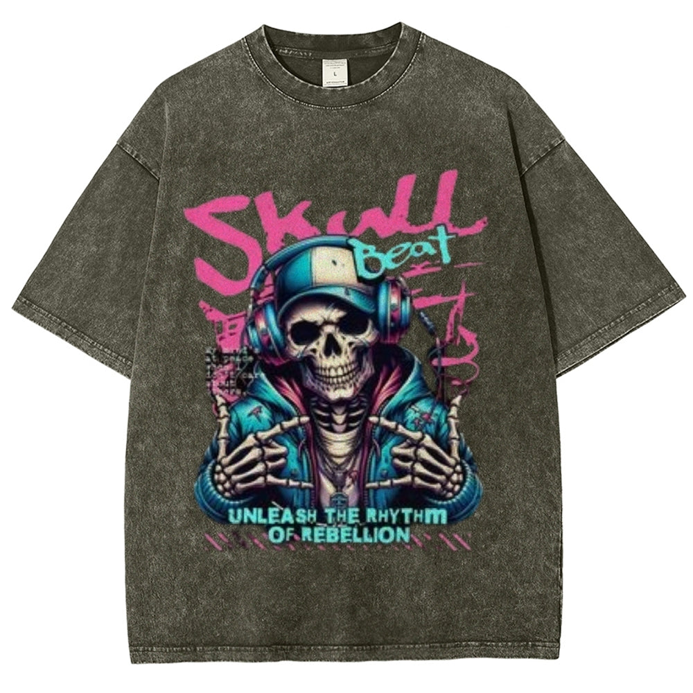 Women Washed Vintage Skull Beat Graphic T-shirt