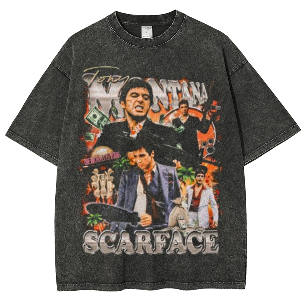 Unisex Vintage Scarface Horror Graphic Short Sleeve Washed T-shirt