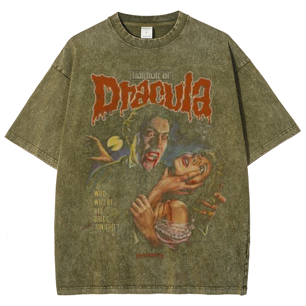 Unisex Vintage Horror of the Dracula Movies Graphic Short Sleeve Washed T-shirt