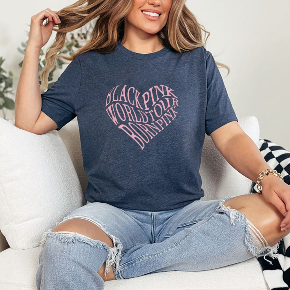 Women  Black Pink Heart Print Graphic T-shirt