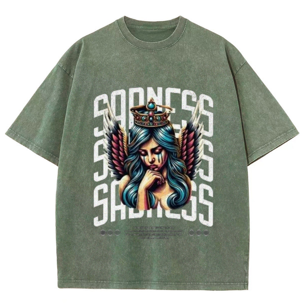 Women Washed Vintage Sading Angel Graphic T-shirt