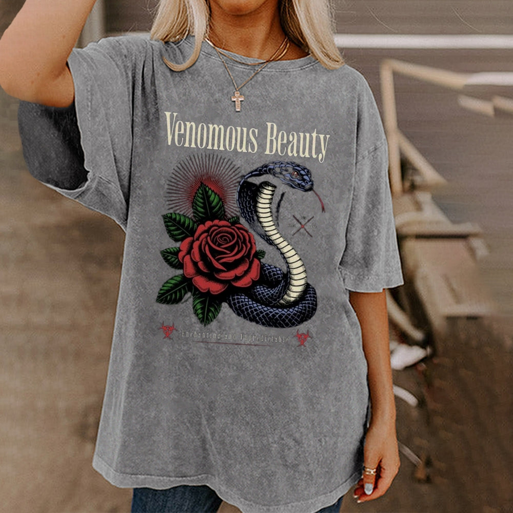 Women Washed Vintage Beauty Rose Snake Graphic Tee