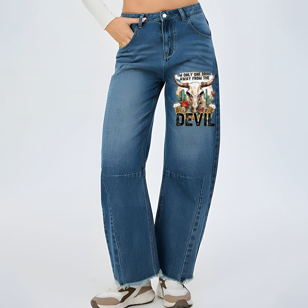 Women Western Cowboy Style Graphic Baggy Straight Leg Jean