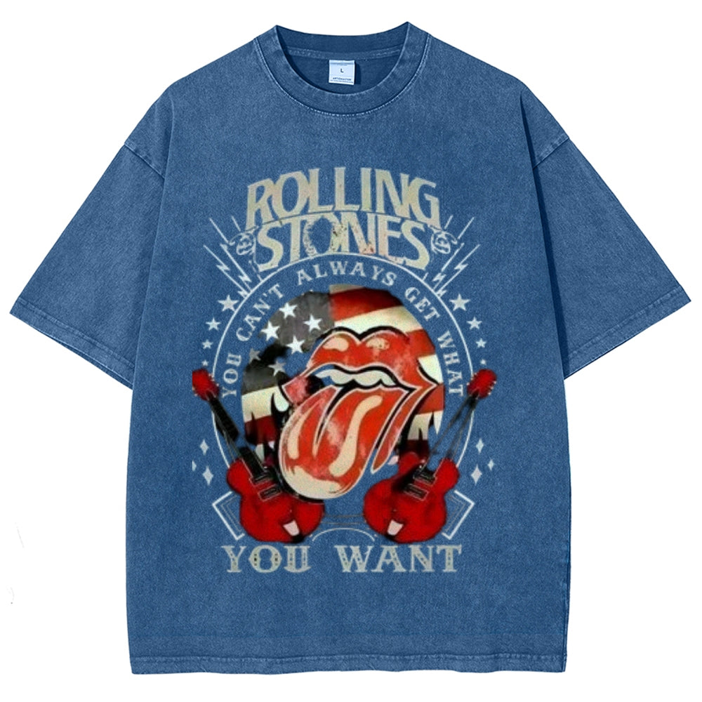 Unisex Vintage The Rolling Stone Rock Band Print Short Sleeve Casual Graphic Washed T-shirt