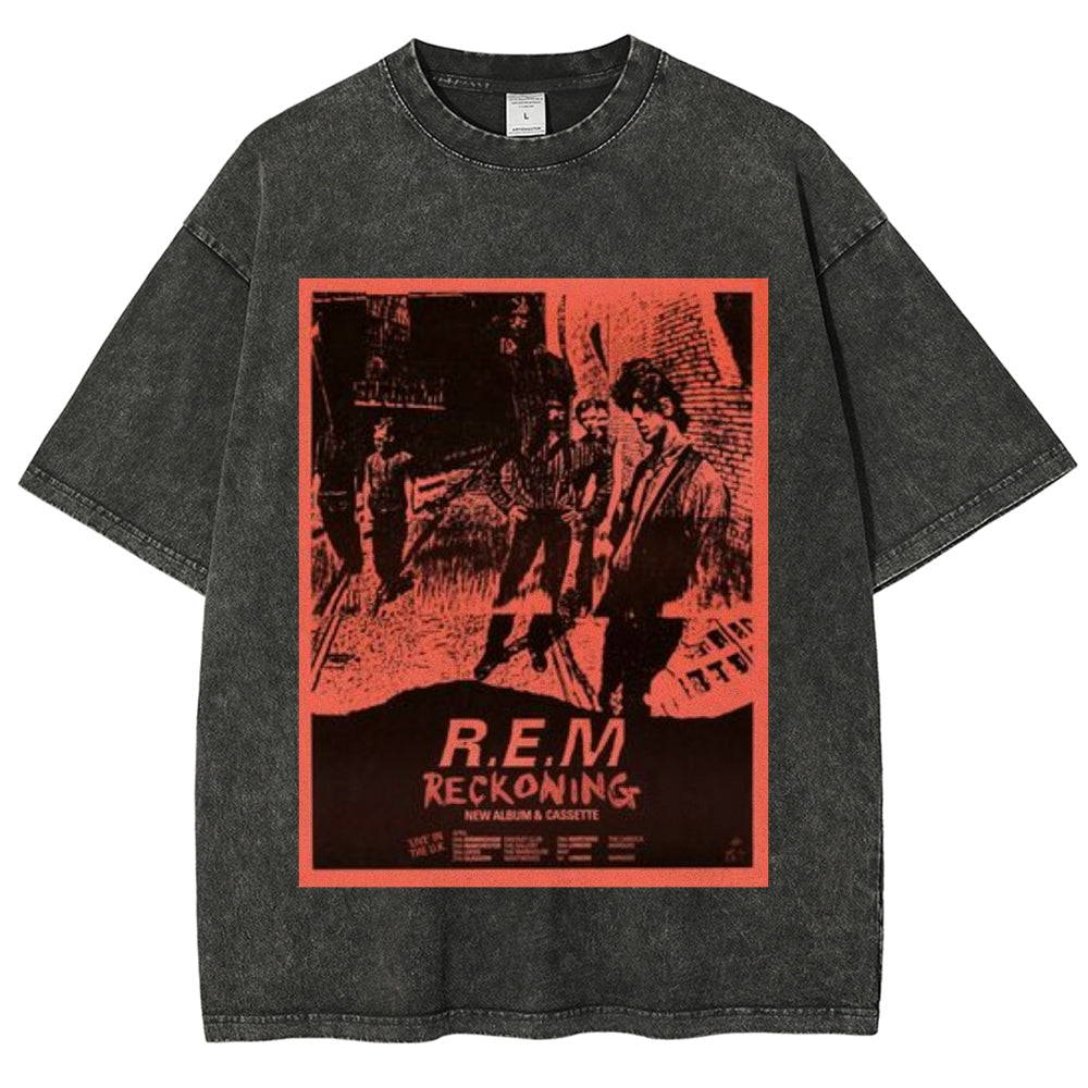 Unisex Vintage The Rem Rock Band Print Short Sleeve Casual Graphic Washed T-shirt