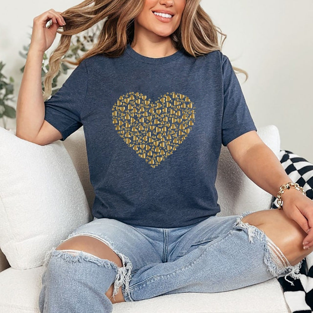 Women Valentine's Day Love Golden Heart Print Graphic T-shirt