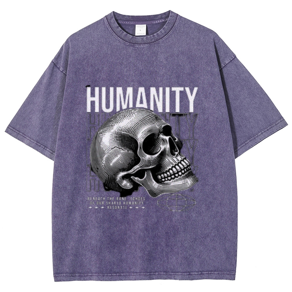 Women Washed Vintage Humanity Skull Graphic T-shirt