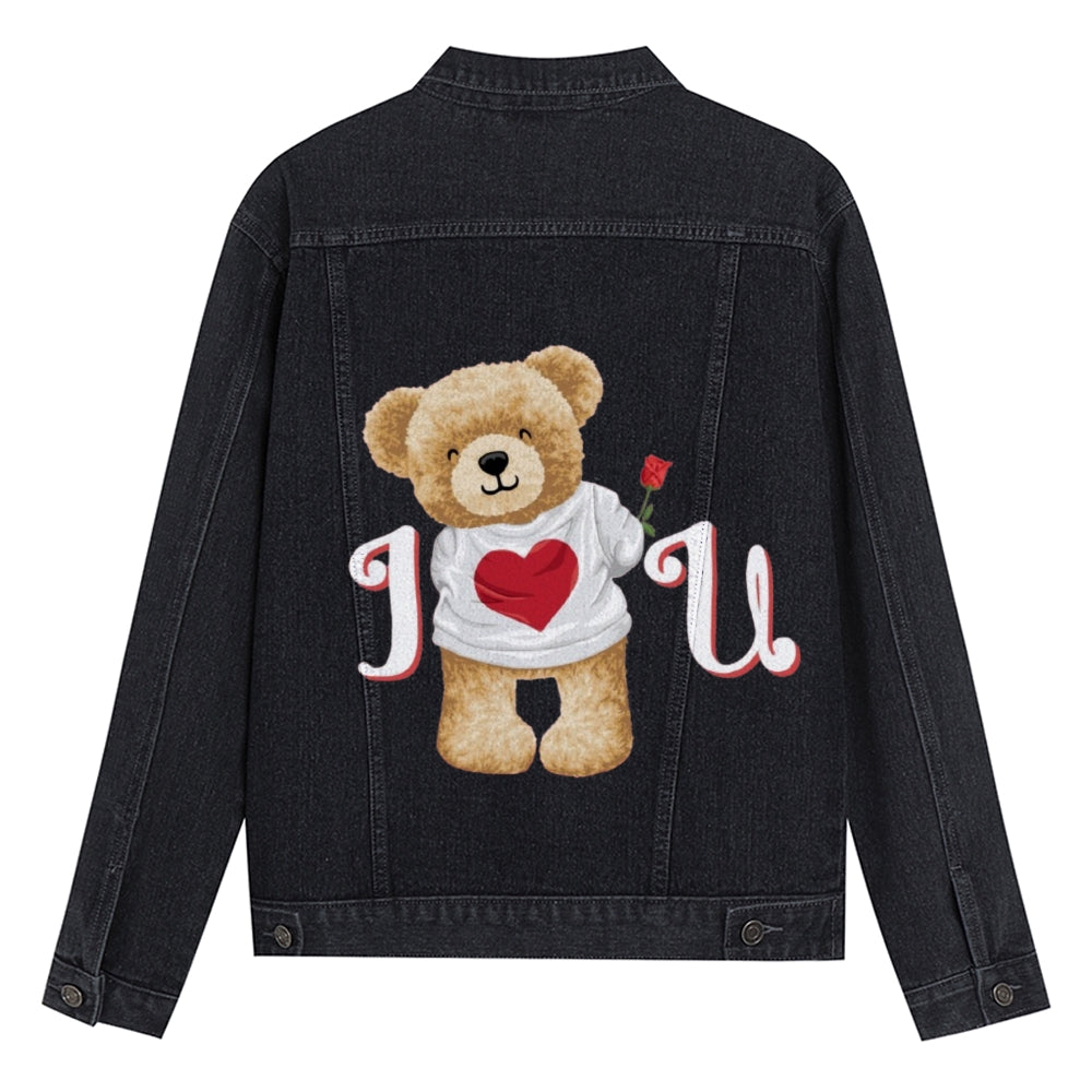 Mens Vintage Cartoon Cute I Love You Bear Prints Denim Jacket