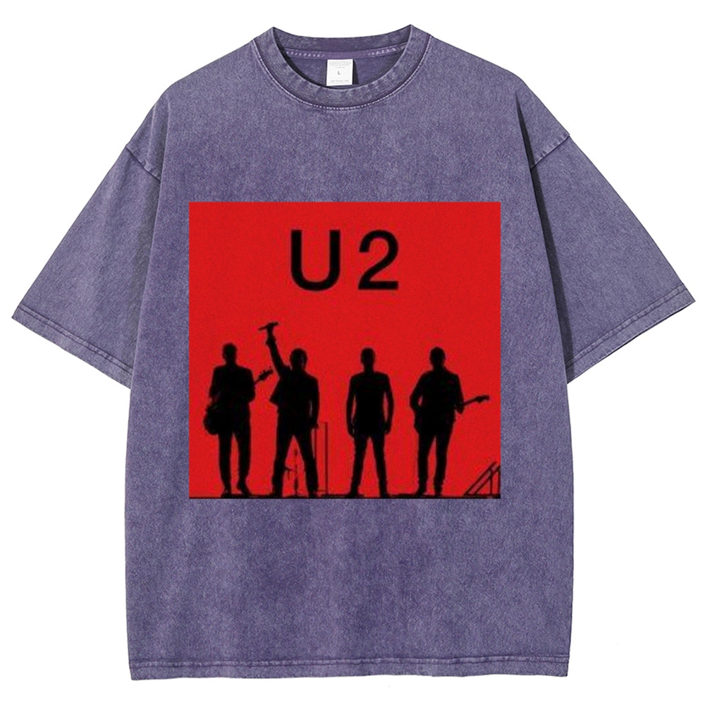 Unisex Vintage The U2 Rock Band Print Short Sleeve Casual Graphic Washed T-shirt