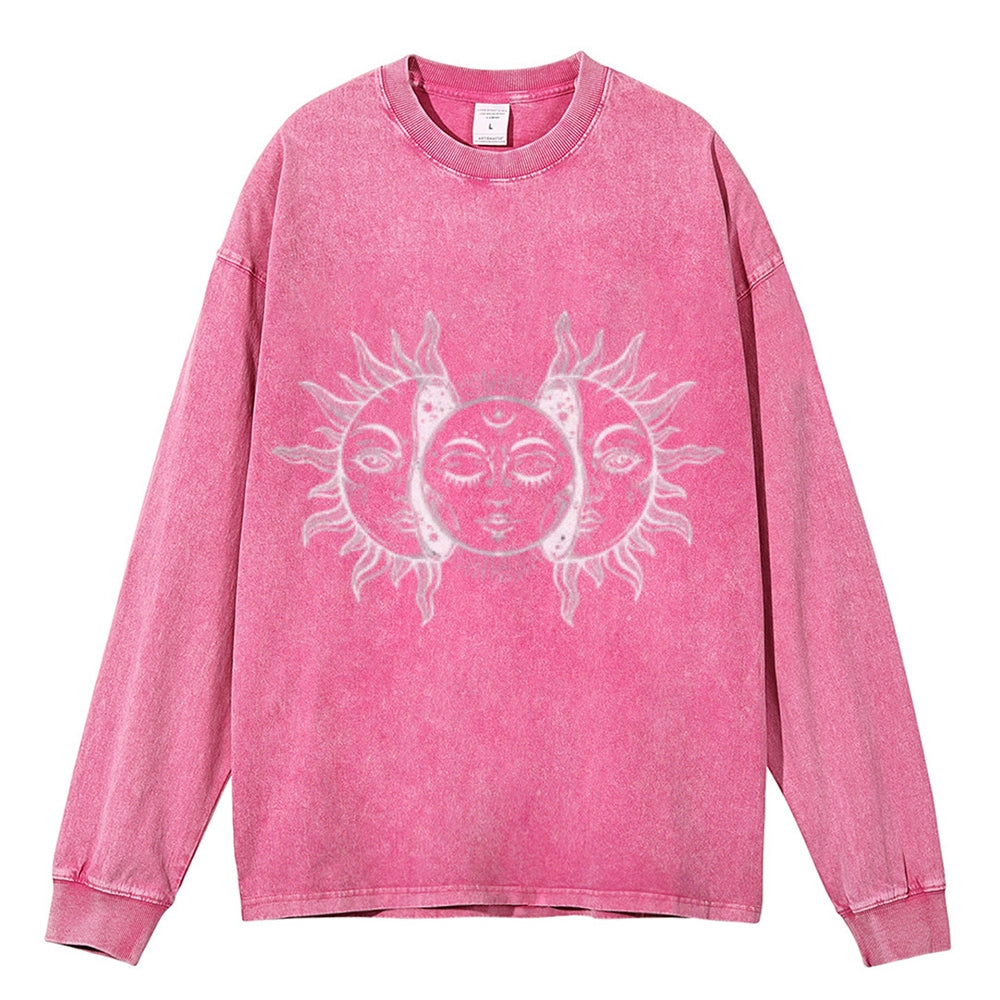 Oversized Vintage Washed Sun and Moon Graphic Sweatshirt