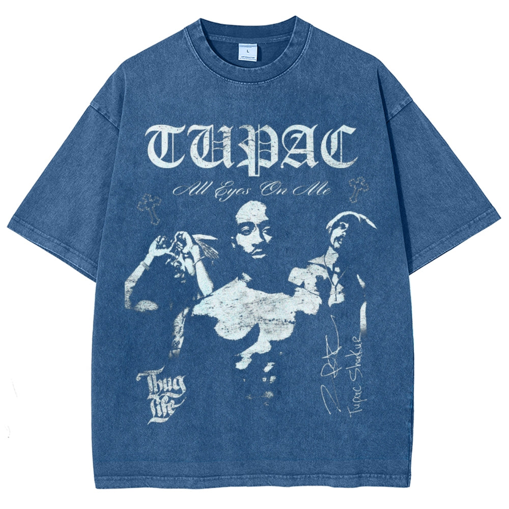 Unisex Vintage Tupac Darkness Style Graphic Short Sleeve Washed T-shirt