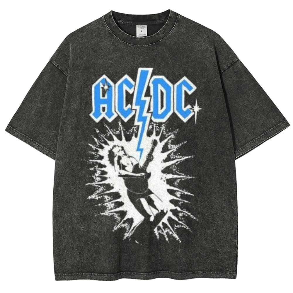 Unisex Vintage The Acdc Rock Band Print Short Sleeve Casual Graphic Washed T-shirt