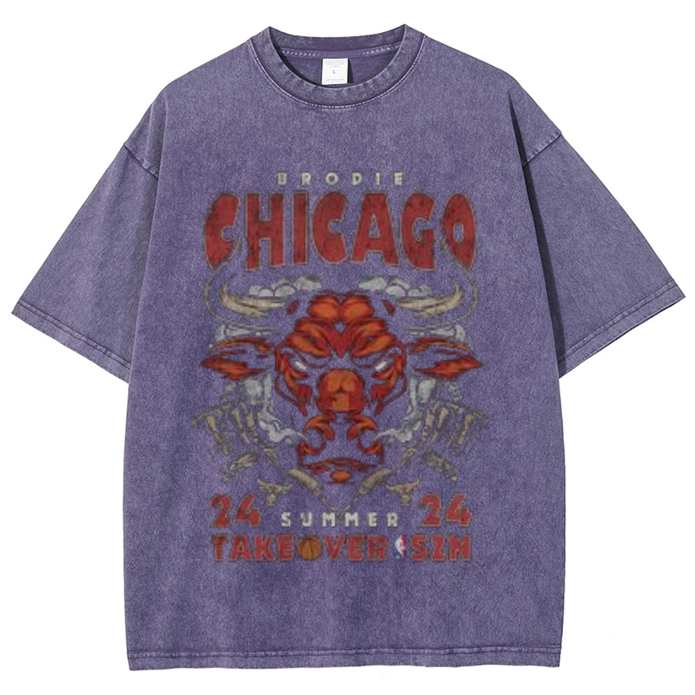 Unisex Vintage Chicago Letter Print Short Sleeve Graphic Washed T-shirt