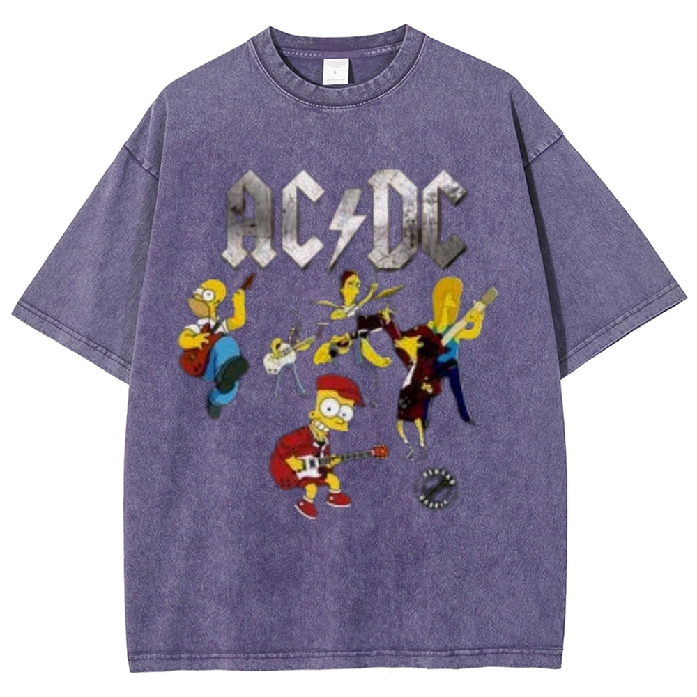 Unisex Vintage The Acdc Rock Band Print Short Sleeve Casual Graphic Washed T-shirt