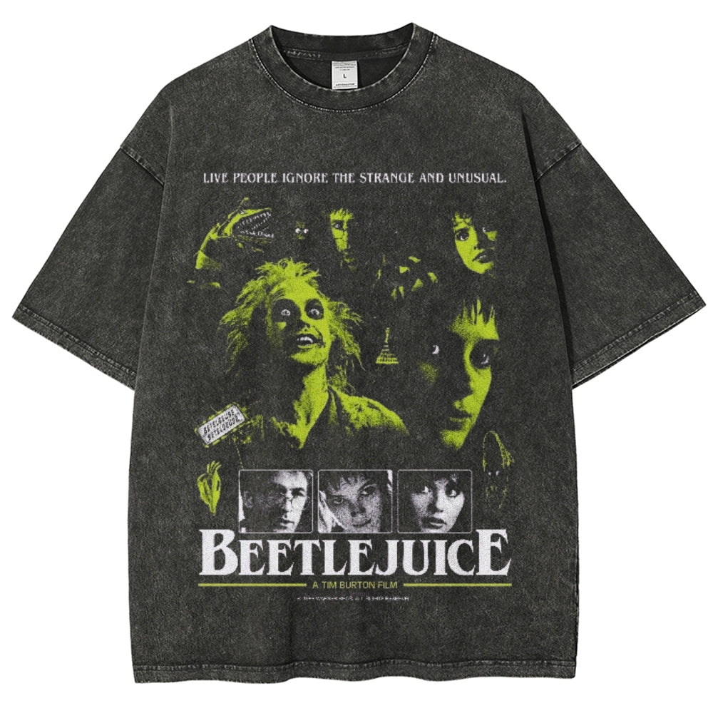 Unisex Vintage The Beetlejuice Horror Graphic Short Sleeve Washed T-shirt