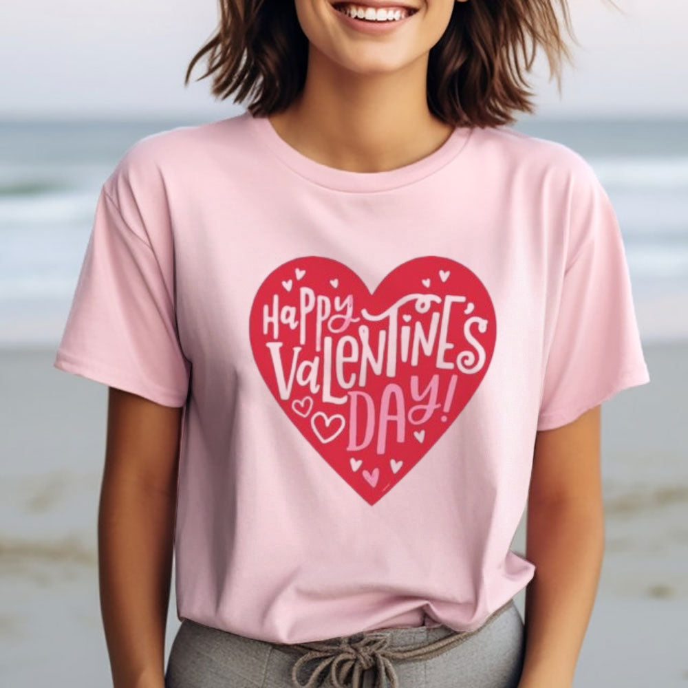 Women Happy Valentine's Day Heart Print Graphic T-shirt