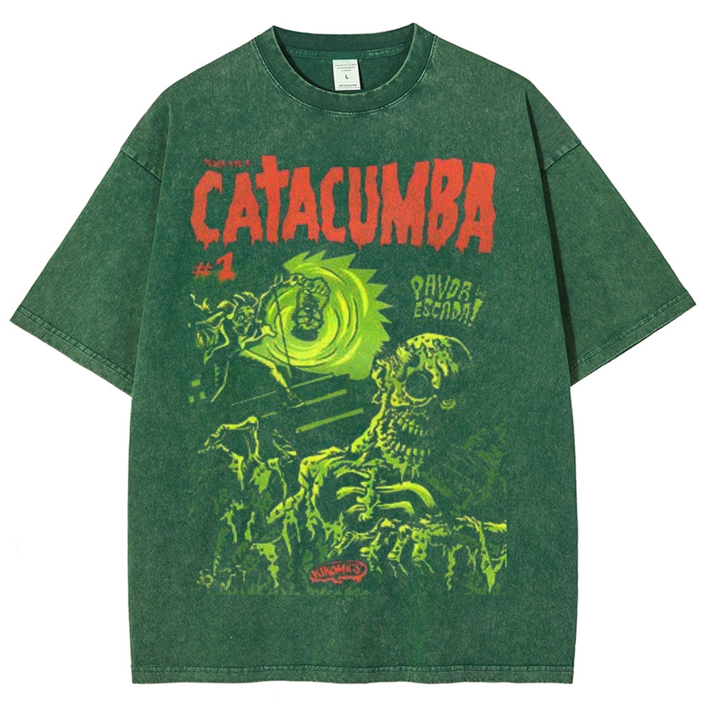 Unisex Vintage Catacumba Horror Graphic Short Sleeve Washed T-shirt