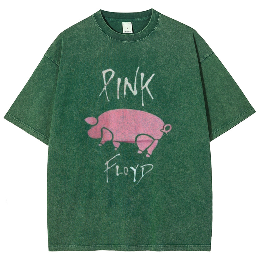 Unisex Vintage The Pink Rock Band Print Short Sleeve Casual Graphic Washed T-shirt