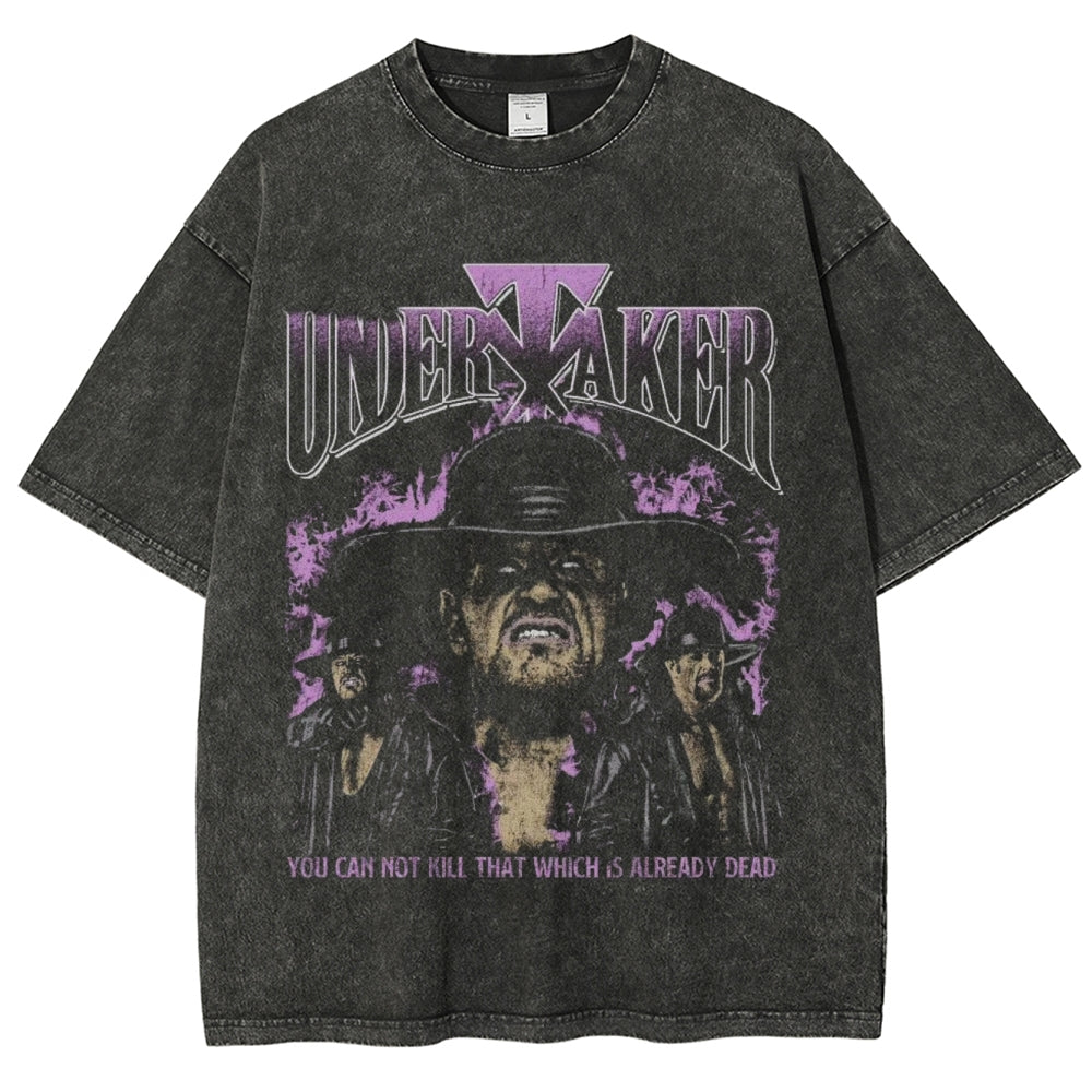 Unisex Vintage Undertaker Darkness Style Graphic Short Sleeve Washed T-shirt