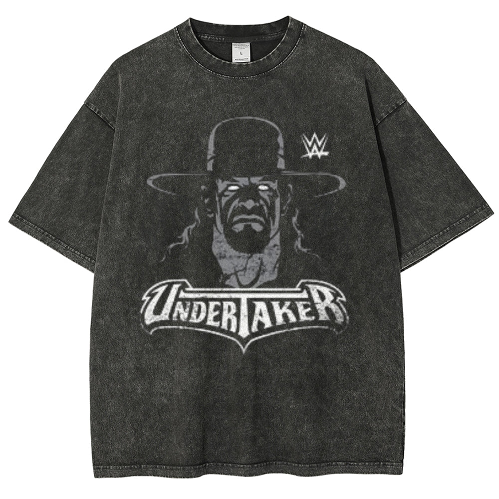 Unisex Vintage Undertaker Darkness Style Graphic Short Sleeve Washed T-shirt