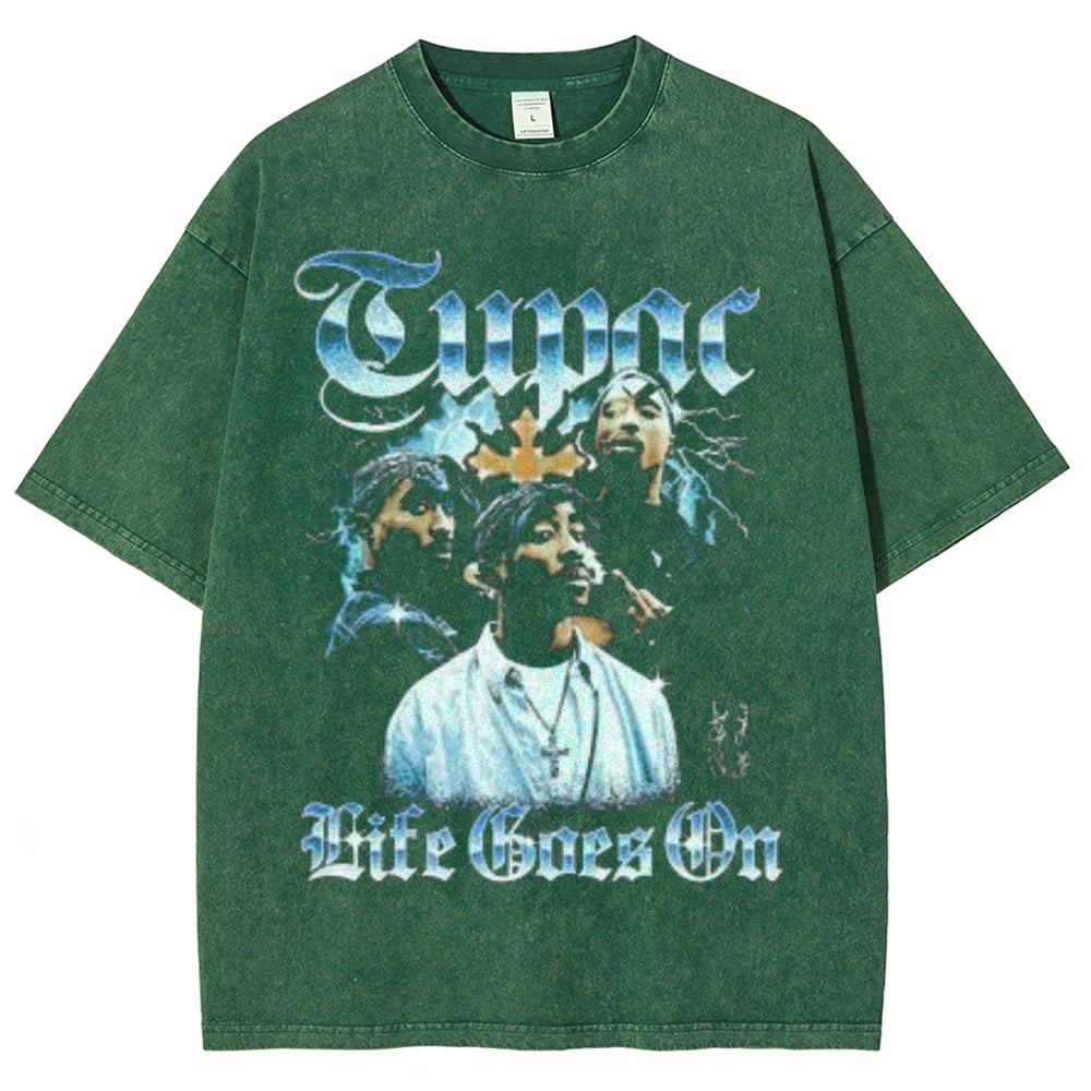 Unisex Vintage Tupac Life Goes On Graphic Short Sleeve Washed T-shirt