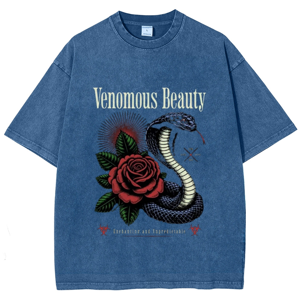 Women Washed Vintage Beauty Rose Snake Graphic T-shirt