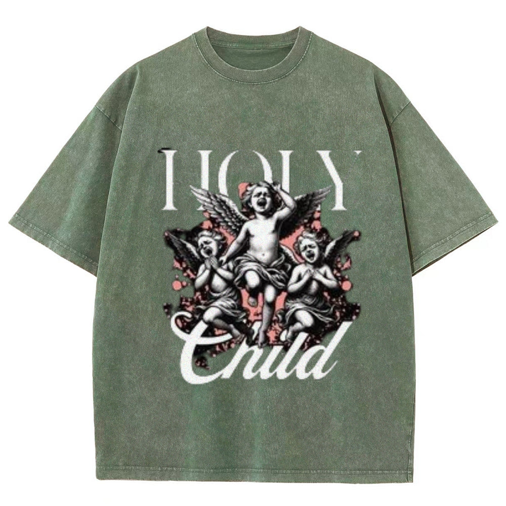 Women Washed Vintage Holy Child Graphic T-shirt