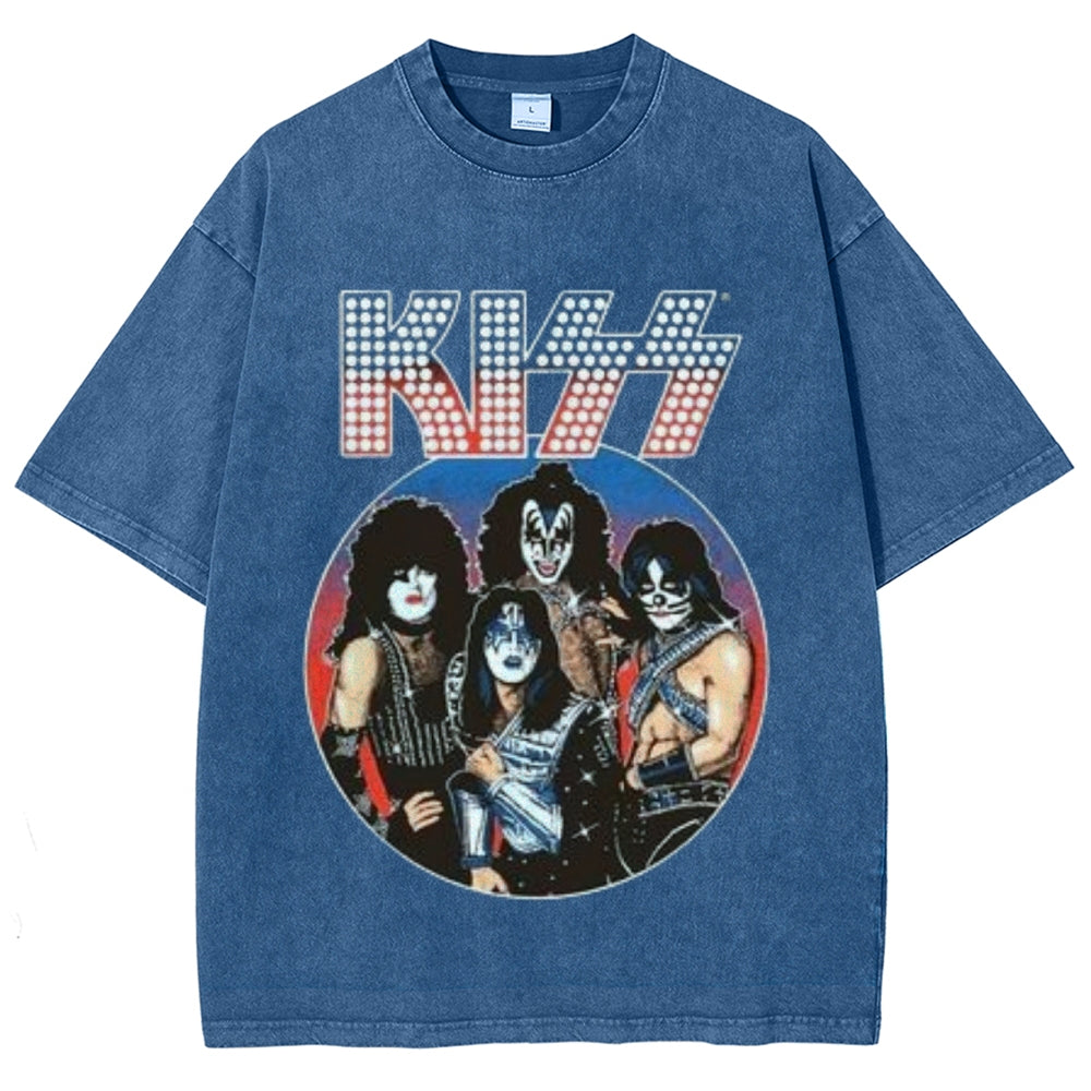 Unisex Vintage The Kiss Rock Band Print Short Sleeve Casual Graphic Washed T-shirt