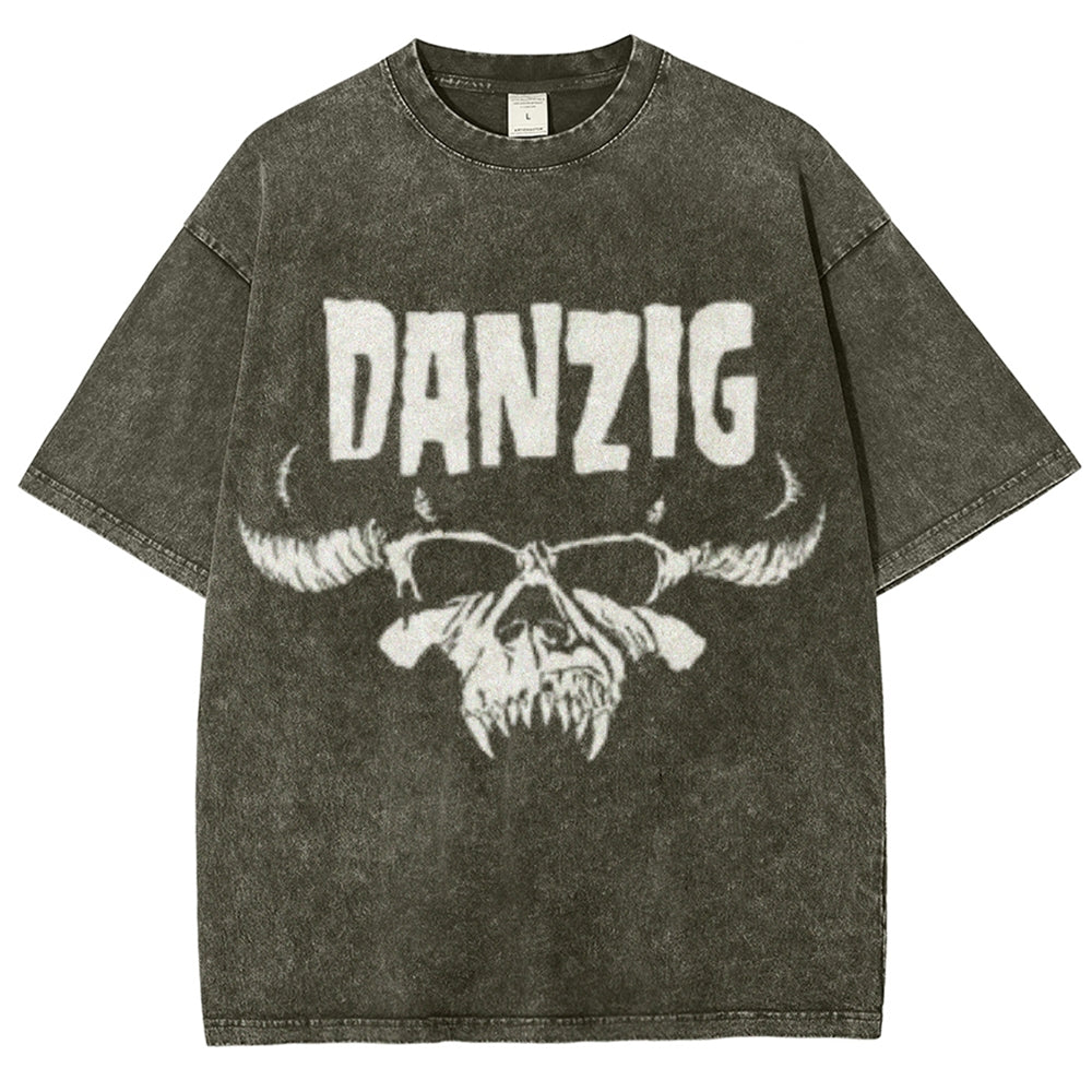 Unisex Vintage The Danzig Rock Band Print Short Sleeve Casual Graphic Washed T-shirt