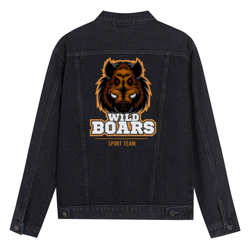 Mens Vintage Cartoon Prints WILD BOARS SPORT TEAM Denim Jacket