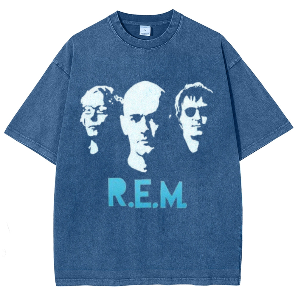 Unisex Vintage The Rem Rock Band Print Short Sleeve Casual Graphic Washed T-shirt