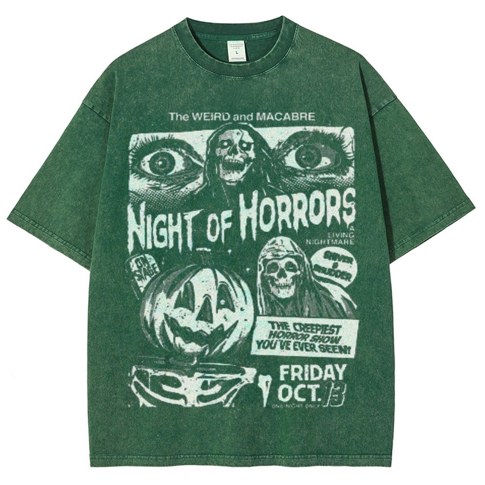 Unisex Vintage Night of Horrors Graphic Short Sleeve Washed T-shirt