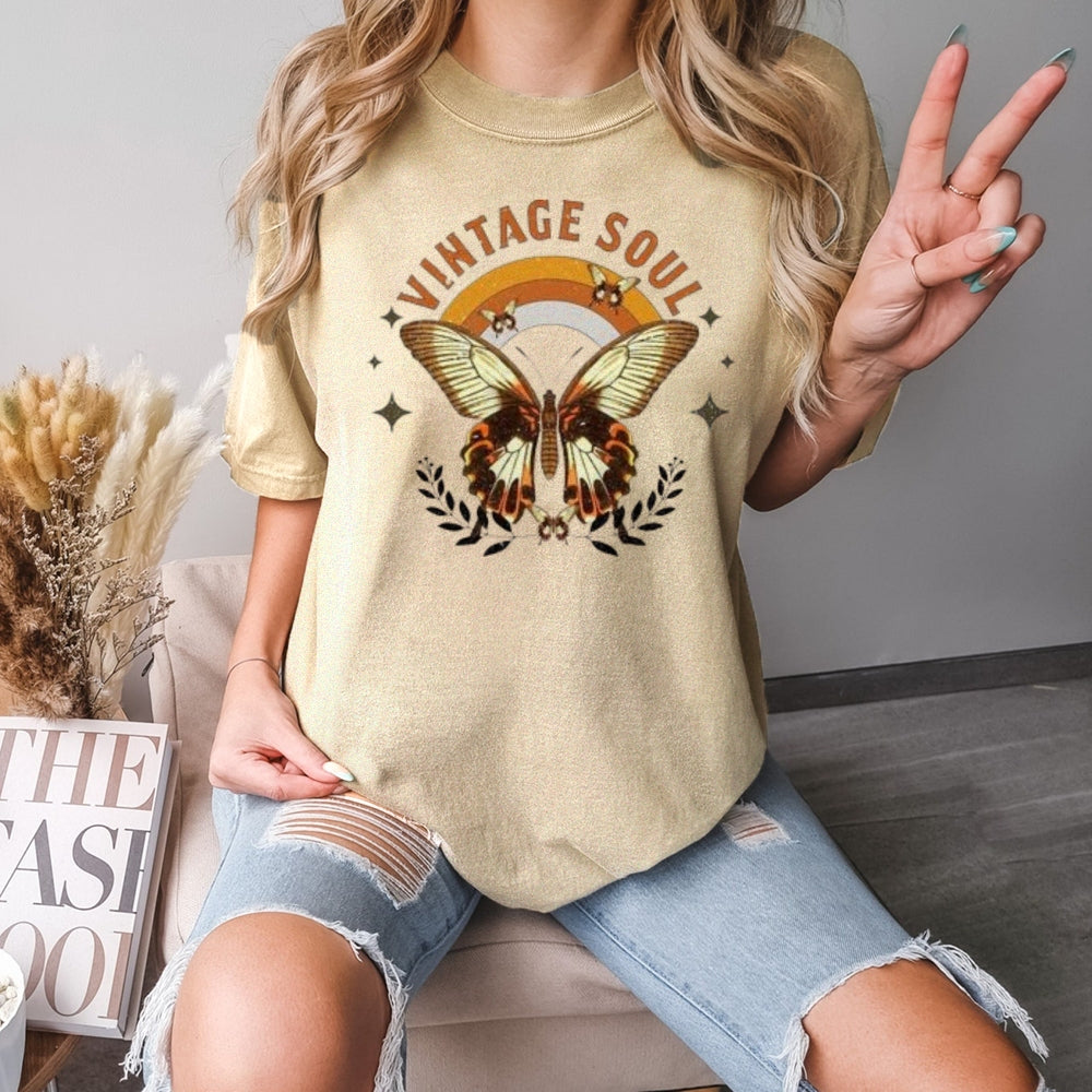 Women Vintage Soul Butterfly Print Graphic T-shirt