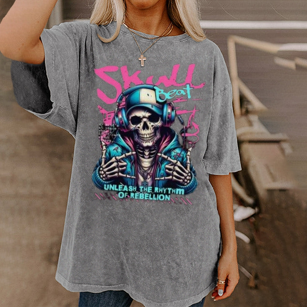 Women Washed Vintage Skull Beat Graphic Tee