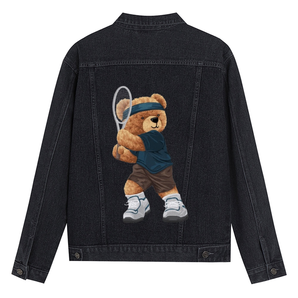 Mens Vintage Cartoon Cute Tennis Bear Prints Denim Jacket